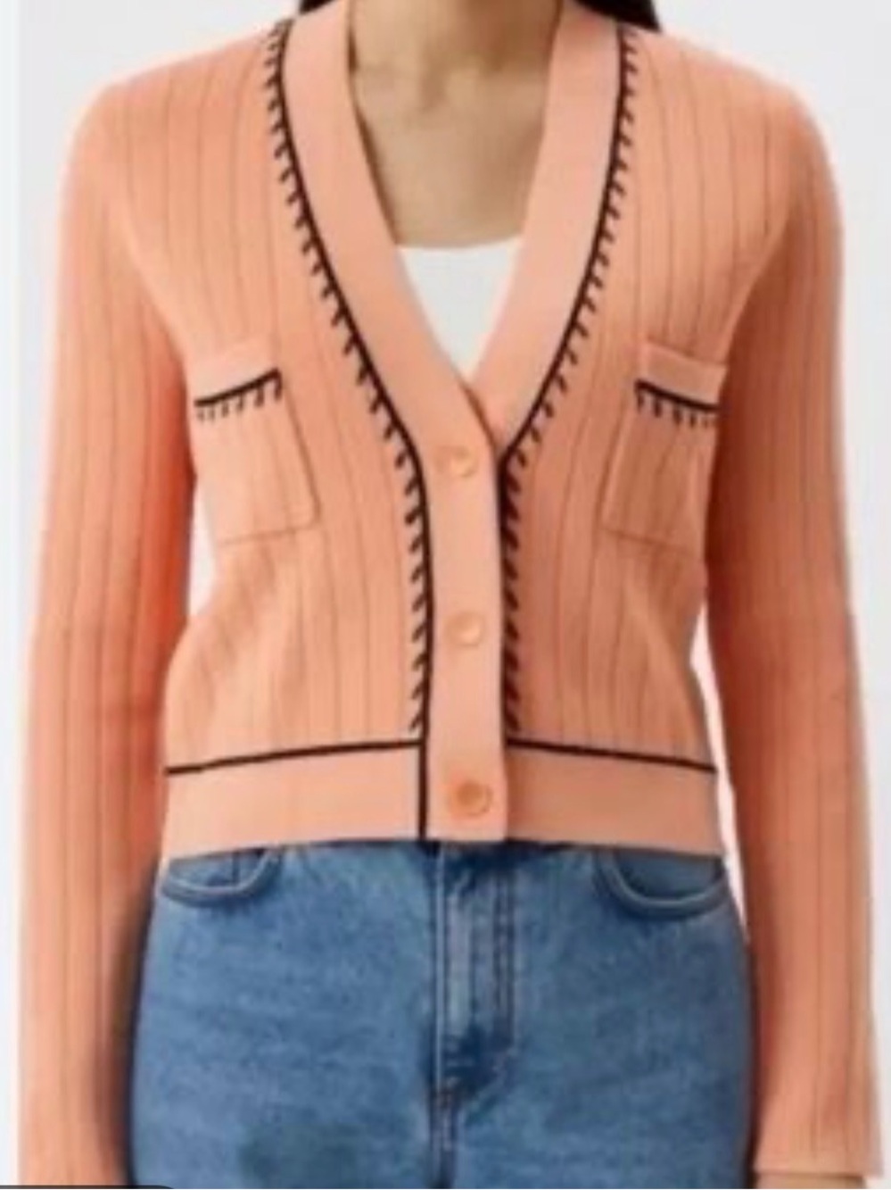 Sandro Peach Contrast-trim Ribbed Cardigan